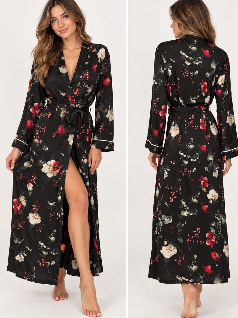 stars above Black Satin Silky Floral Long Belted Feminine Robe Red & Cream M/L